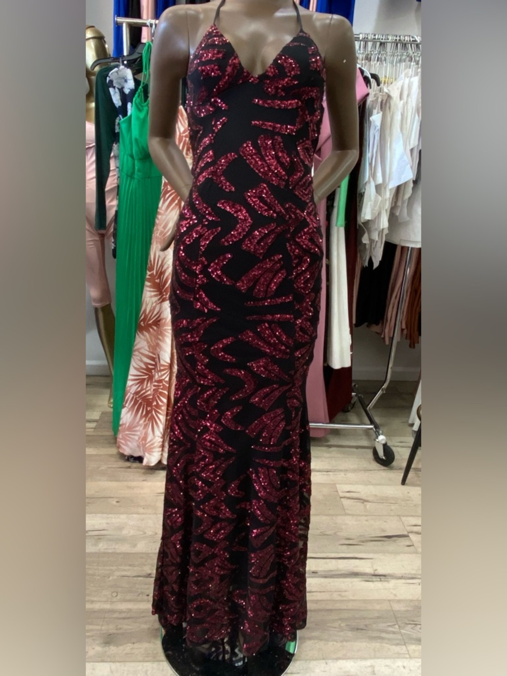 Black & Red Sequin Halter Evening Gown